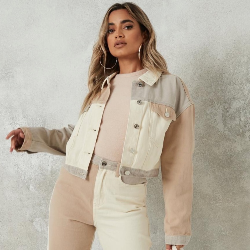 Cream Co Ord Color Block Crop Denim Jacket